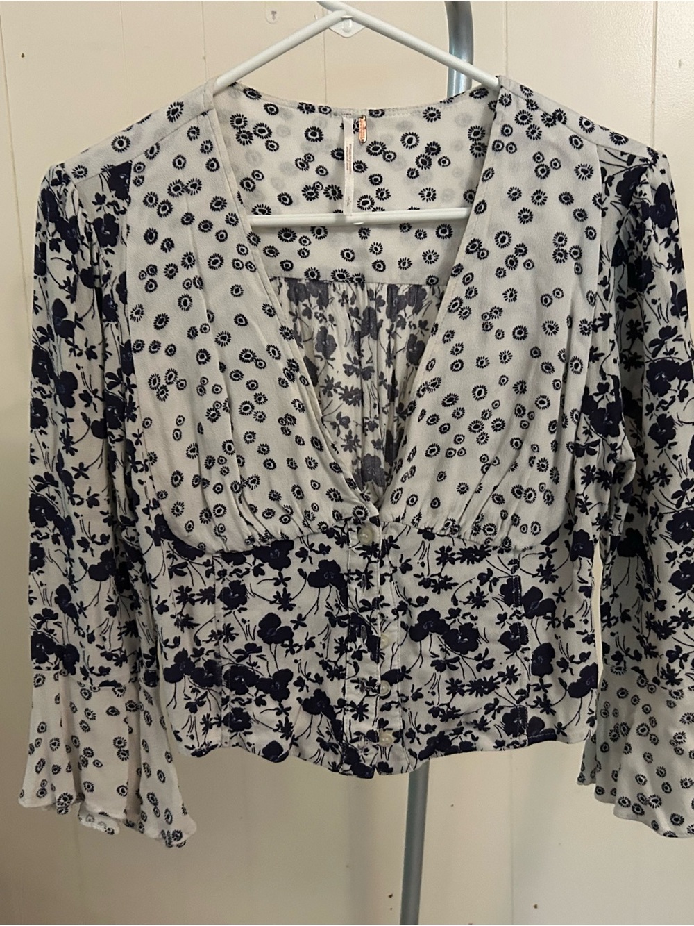 Free People White and Navy Floral V-Neck Button Front Top